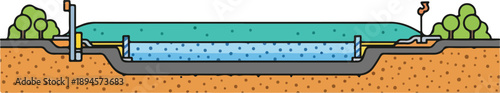 Illustration of a cross-section of a septic tank system with pipes and plants