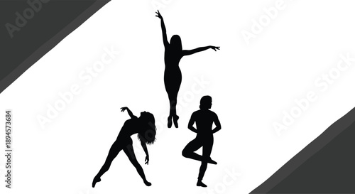 Modern dance silhouette illustration set, graceful contemporary dancers in expressive poses, artistic movement composition with copy space, elegant black performance vector design