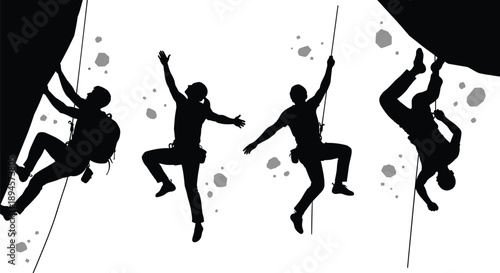 Rock climbing silhouette illustration set, extreme sport action poses, mountaineer rappelling figures, adventure teamwork concept, black climber vector design