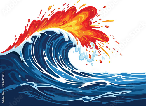 wave, fire, water, clash, nature, stylized, symbolic