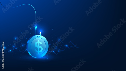 Cybersecurity Phishing Attack Concept with Coin and Fishing Hook, Online Financial Fraud and Data Theft, Cyber Crime Threat, Digital Scam and Hacking Risk, Secure Payment Warning, Internet Security
