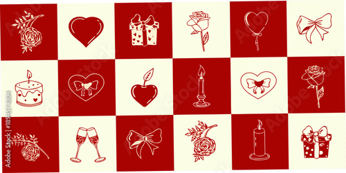 Red and white checkered background with valentine s day symbols and decorations