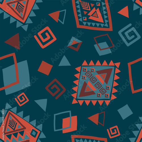 Playful Tribal Geometric Pattern, The vibrant teal and burnt orange palette combined with an organic layout makes it ideal for modern branding, youthful apparel, and creative digital assets.