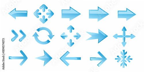 Collection of blue arrow icons depicting different directions and symbol types