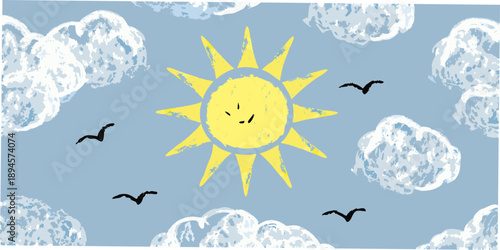 A cheerful drawing of a sun shining through clouds with birds flying