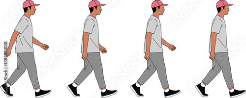 Walking man animation cycle illustration, side view male character step sequence, casual outfit motion frames, smooth loop walk, clean flat vector design