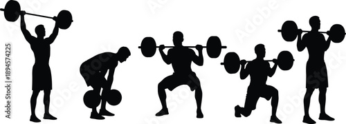 Weightlifting exercise silhouette illustration set, strength training workout poses, barbell squat press lunge movements, fitness athlete figures, gym vector design