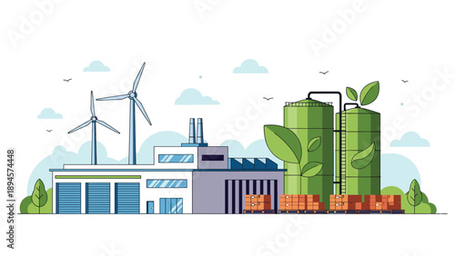 Green energy factory uses wind turbines and large storage tanks marked with leaf symbols to represent eco friendly production methods.