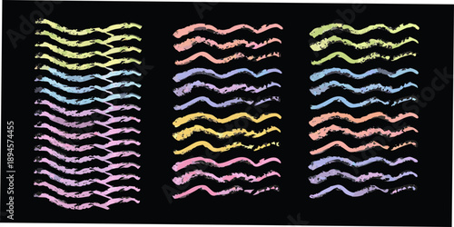 Colorful chalk squiggle patterns arranged in neat rows on a black background