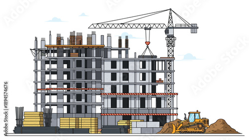 Urban construction project depicts a high rise building under development with a tower crane moving materials and a bulldozer at work.