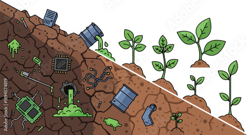 Illustration of environmental transformation from polluted soil to lush greenery showcasing growth and renewal