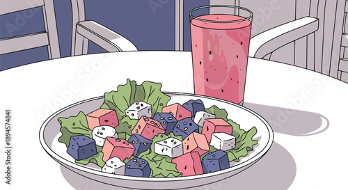 Healthy tofu salad bowl and fresh fruit smoothie outdoors vector