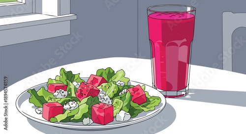 Healthy watermelon salad plate with feta and pink smoothie vector