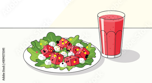 Fresh watermelon salad plate with feta cheese and red juice vector