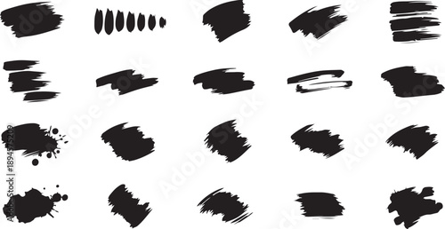 Collection of abstract black brush strokes and splatter patterns Vector