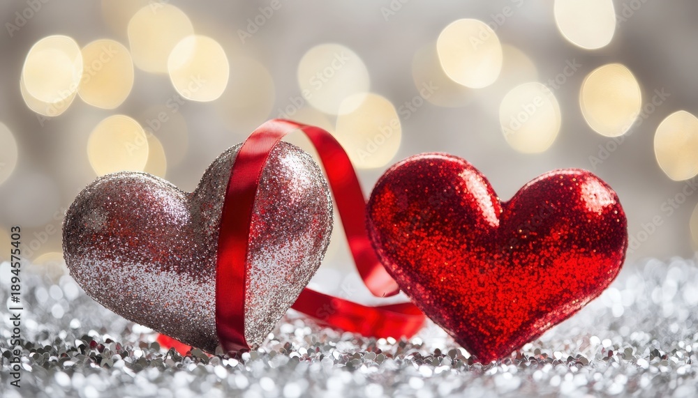 Fototapeta premium Two sparkling hearts, one silver and one red, are adorned with a bright ribbon against a soft light background