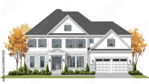 Classic suburban family home with a stone facade and grey roof is surrounded by vibrant autumn trees and a manicured green lawn.