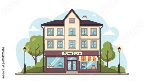 Charming town store building includes a ground floor shop with an awning and residential apartments on the upper floors with trees.