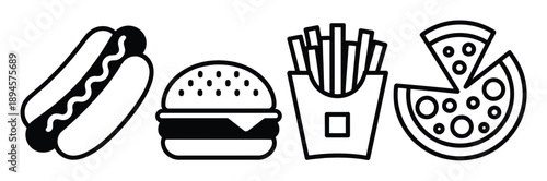 A collection of iconic fast food illustrations: hot dog, burger, fries, and pizza
