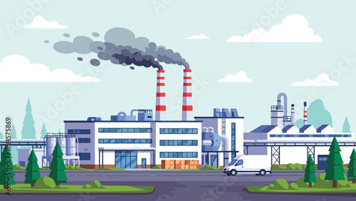Extensive manufacturing factory complex includes smoking chimneys large storage tanks and a delivery van in a pine forest setting.
