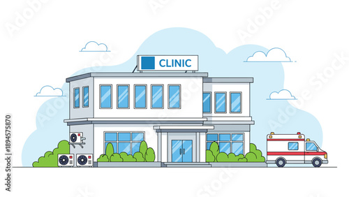 Professional medical clinic building is marked with clear signage and includes an ambulance and external air conditioning units.