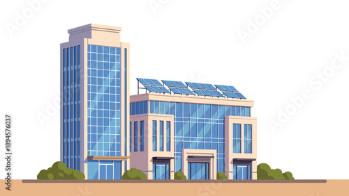Modern commercial building consists of a tall glass tower and a lower section equipped with rooftop solar panels for green energy.