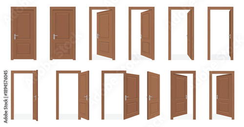 Door Animation Set, Opened and Closed Wooden Doors Sprite Animation for House Entrance, Wood Door in Different Positions, Isolated Vector Illustration Collection.
