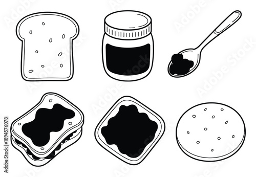 Black and White Illustration of Peanut Butter and Jelly Sandwich Ingredients