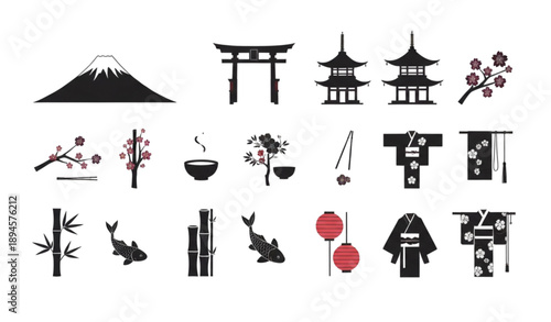Traditional Japan Culture Flat Silhouette Vector Icon Collection