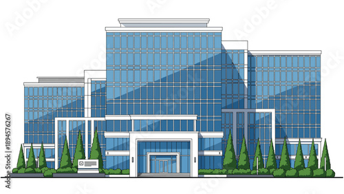 Modern corporate headquarters features a stepped glass facade and is surrounded by neat rows of pine trees and green landscaping.