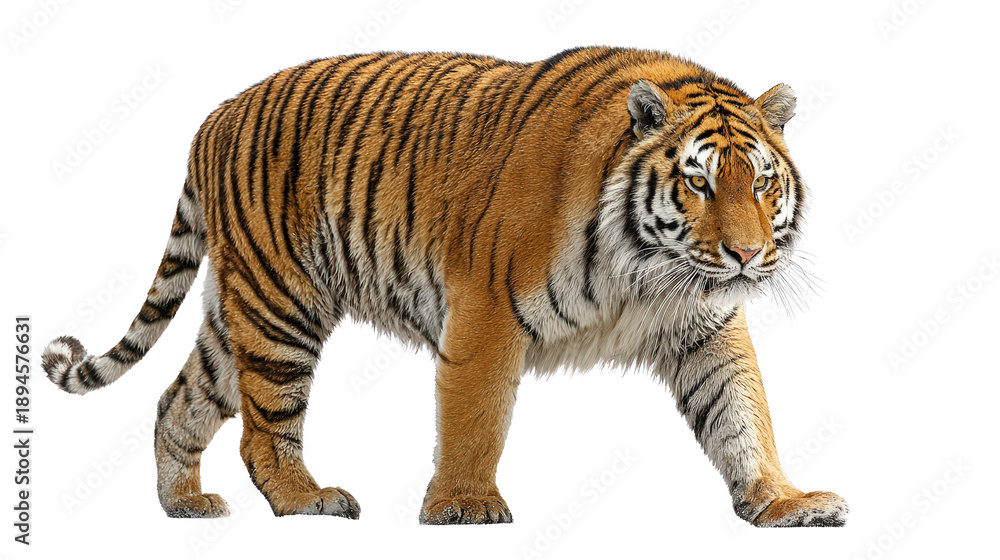 Obraz premium Bengal tiger in alert stance background isolated on a Transparent background, PNG file.