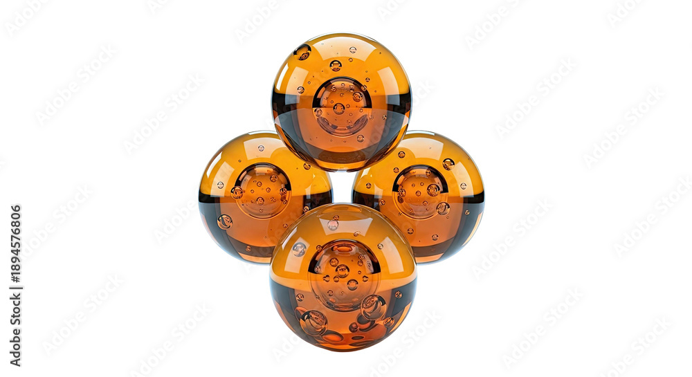 Fototapeta premium Four Amber Glass Spheres with Internal Bubbles on White Background
