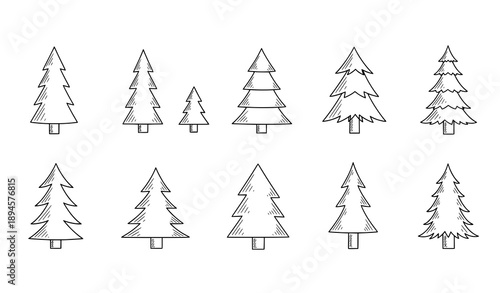 Minimal hand-drawn Christmas tree line icon set winter holiday vector