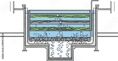 Detailed technical illustration of a multi-layered water filtration system with various components and water flow