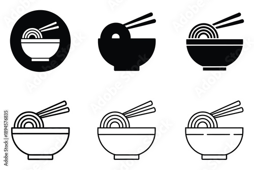Collection of Stylized Noodle Bowl Icons with Chopsticks
