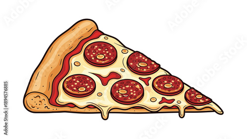 Illustration of a single slice of pepperoni pizza with melted cheese and crispy crust.