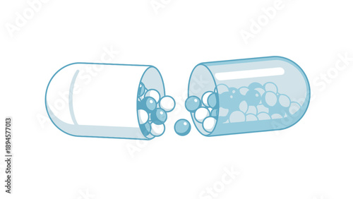 Illustration of an open capsule pill with small round granules inside on white background.