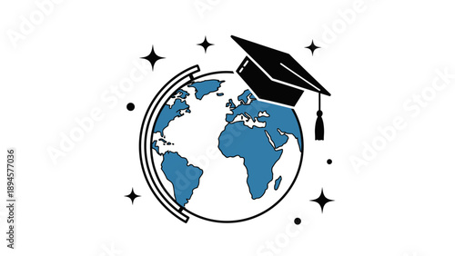 Graduation cap on globe symbolizing global education and academic achievement.