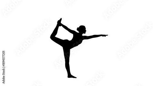 Silhouette of a person performing a yoga or dance pose balancing on one leg.