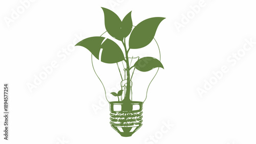 Conceptual illustration of green plants growing inside a light bulb symbolizing eco-friendly energy and sustainability.