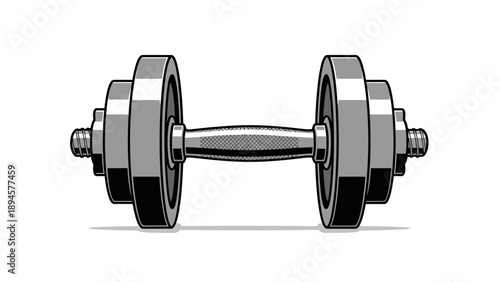 Illustration of a metallic adjustable dumbbell used for weightlifting and fitness training.