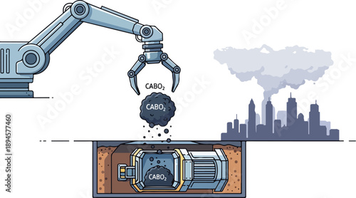 Industrial robotic arm placing cards in a card shuffler device against an urban industrial backdrop