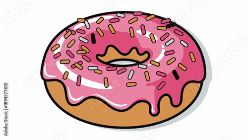 Illustration of a pink frosted donut with colorful sprinkles.