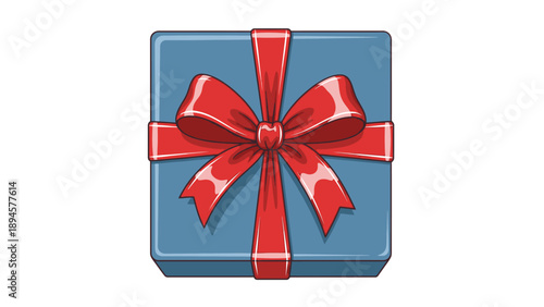Blue gift box wrapped with red ribbon and bow.