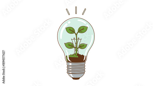 Concept of sustainable energy with plant growing inside light bulb.