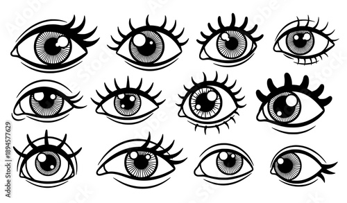 Crazy eye doodle icon set with abstract hand-drawn open eyes vector