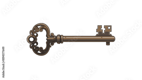Antique vintage skeleton key with intricate design and metallic finish.