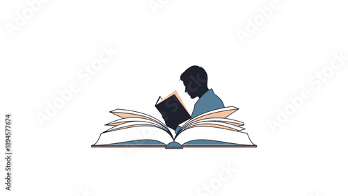 Silhouette of a person reading a book emerging from an open book illustration.