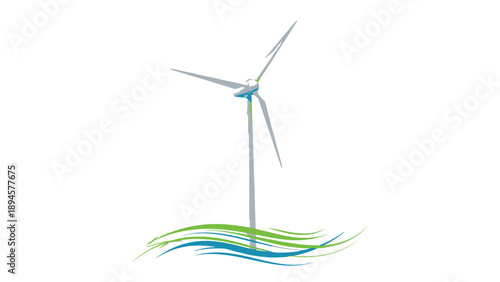 Modern wind turbine generating clean renewable energy with abstract green and blue waves.