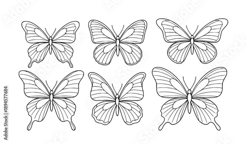 Elegant monoline butterfly outline icon collection in hand-drawn style vector